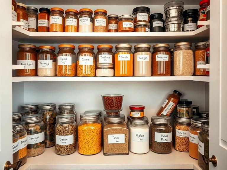 Organized healthy pantry with jars of grains, legumes, and spices