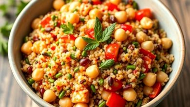 Colorful quinoa chickpea salad in a bowl