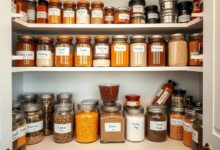 Organized healthy pantry with jars of grains, legumes, and spices