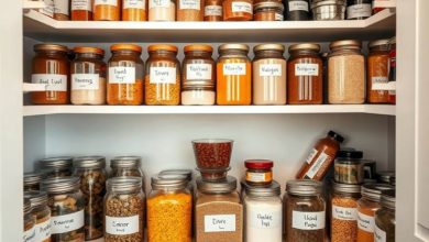 Organized healthy pantry with jars of grains, legumes, and spices