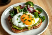 Quick avocado toast with egg on a plate